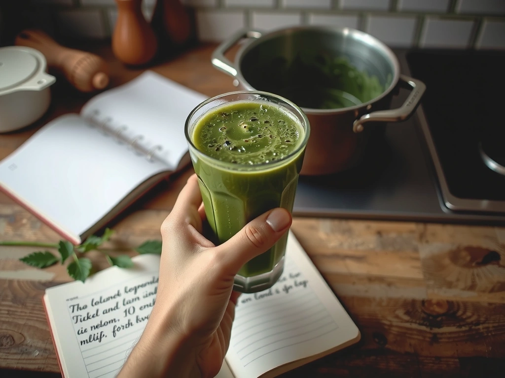 Zielone smoothie i notes w kuchni